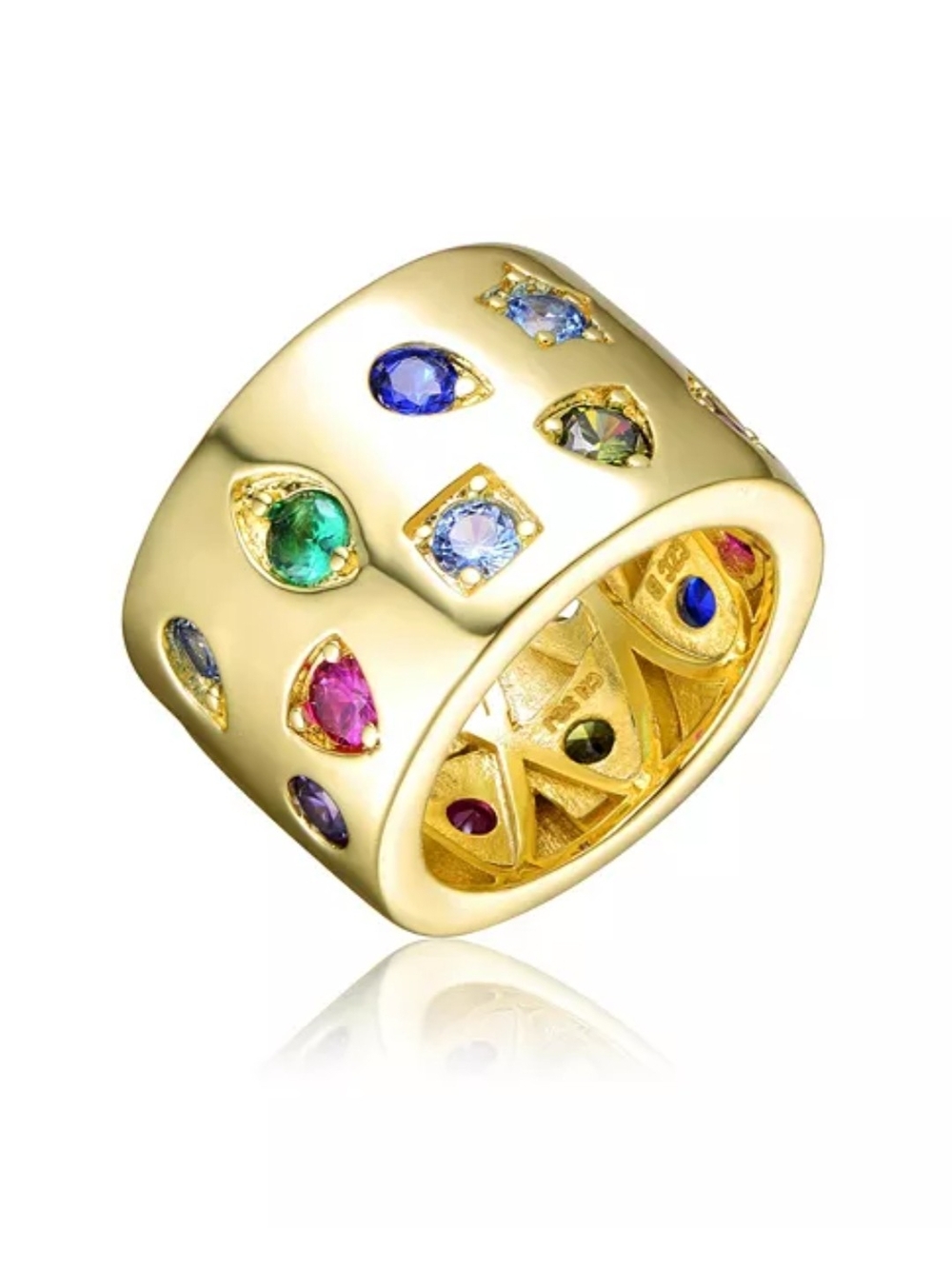 Gold Wide Band Ring with Multicolor Gem Accents